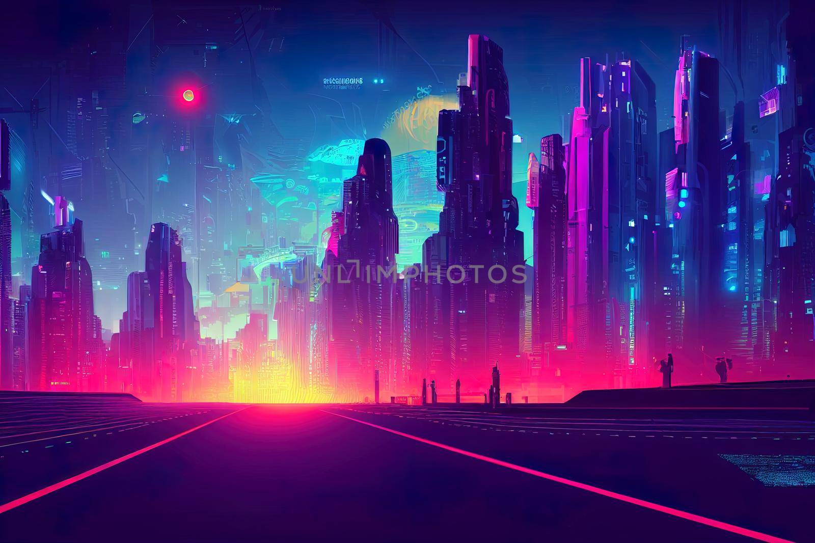 Futuristic night city. Cityscape on a colorful background with bright and glowing neon lights. Wide city front perspective view. Cyberpunk and retro wave style illustration.. High quality illustration