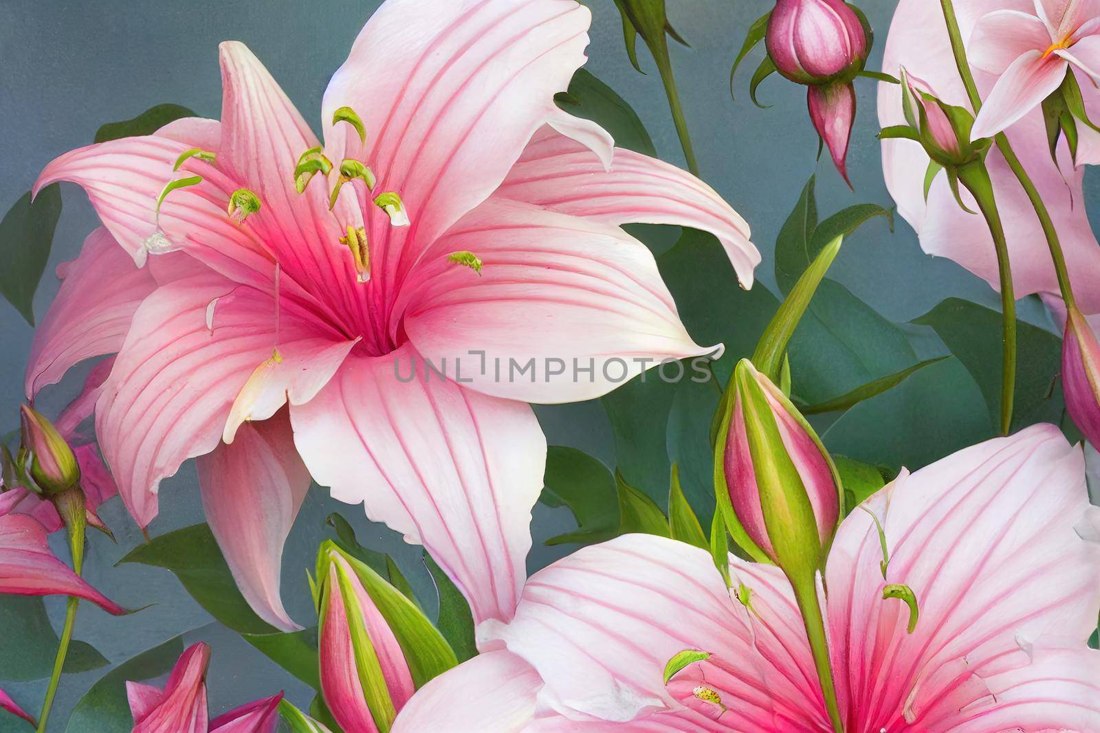 Flowers in the rose garden from a fairy tale, pink lilies of the valley. High quality illustration