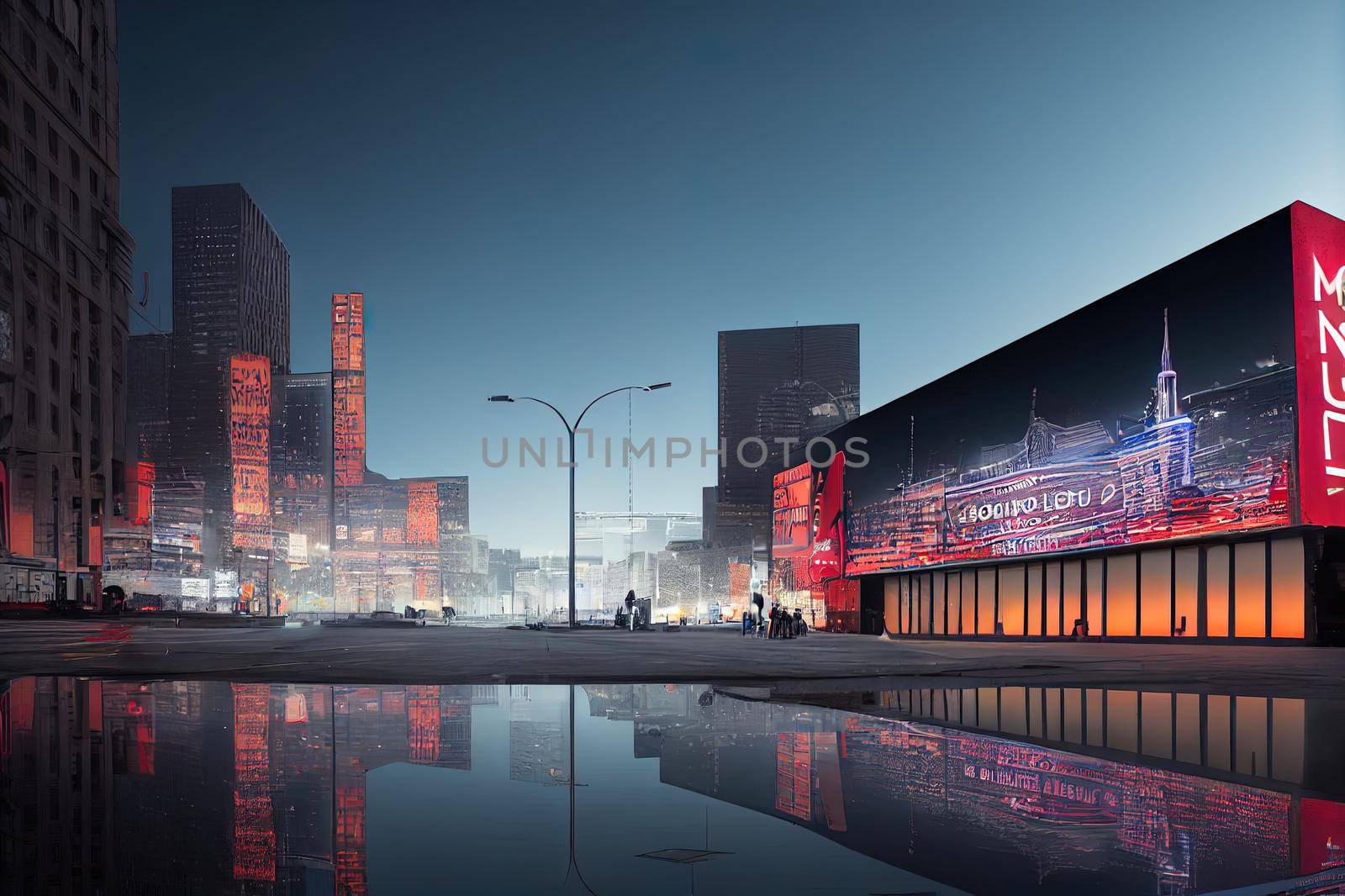 3D Rendering of billboards and advertisement signs at modern buildings in capital city with light reflection from puddles on street. Concept for night life, never sleep business district center CBD. High quality illustration