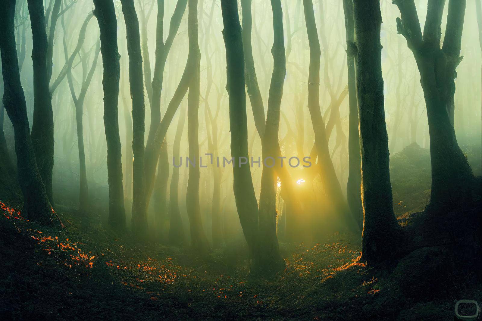 Sunlight shining through the fog in the woods, Mt Eden summit walking track, Auckland.. High quality illustration