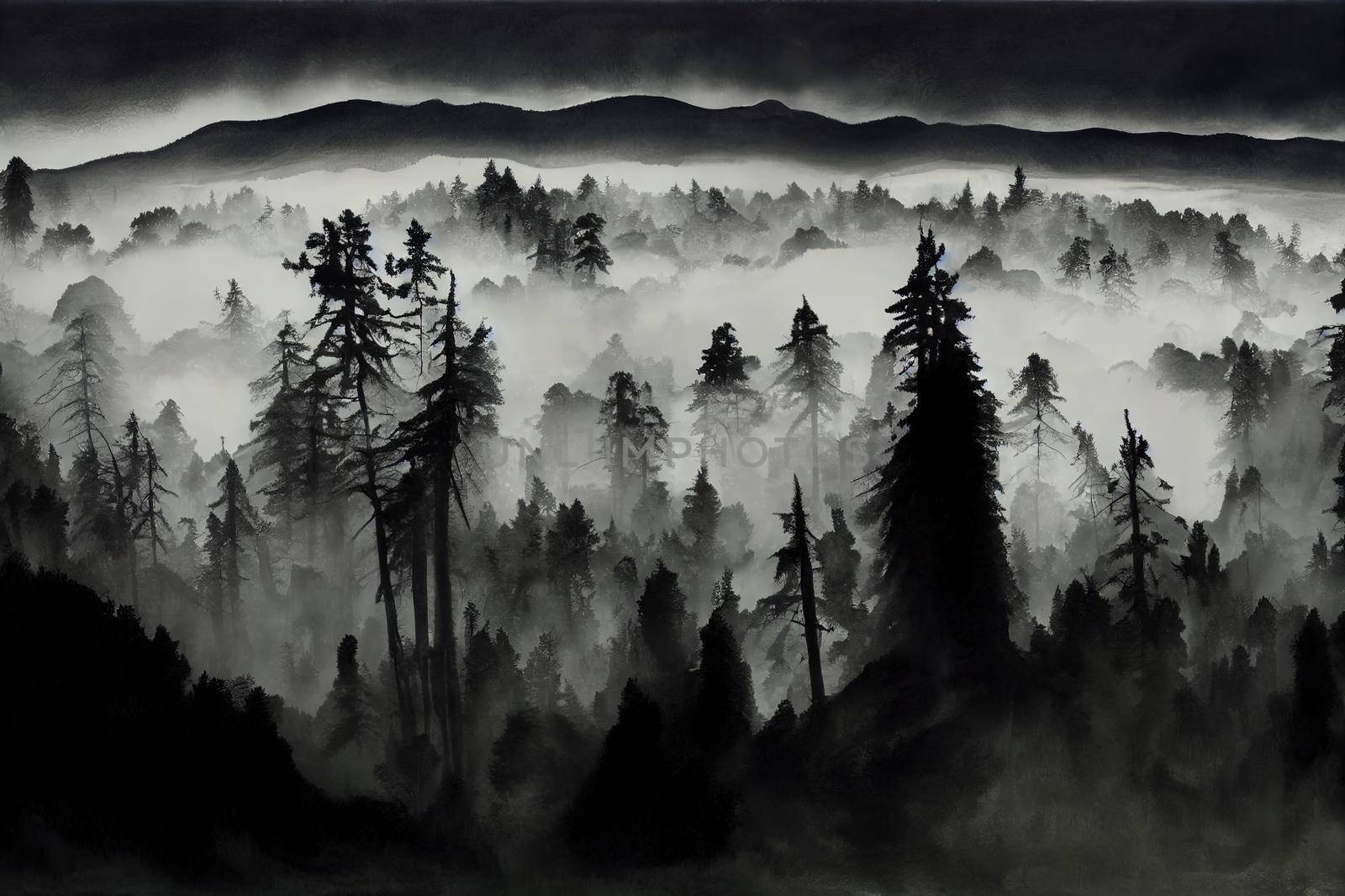 Beautiful mystical landscape. Fog in the forest, dark color. Mist among woods. High quality illustration
