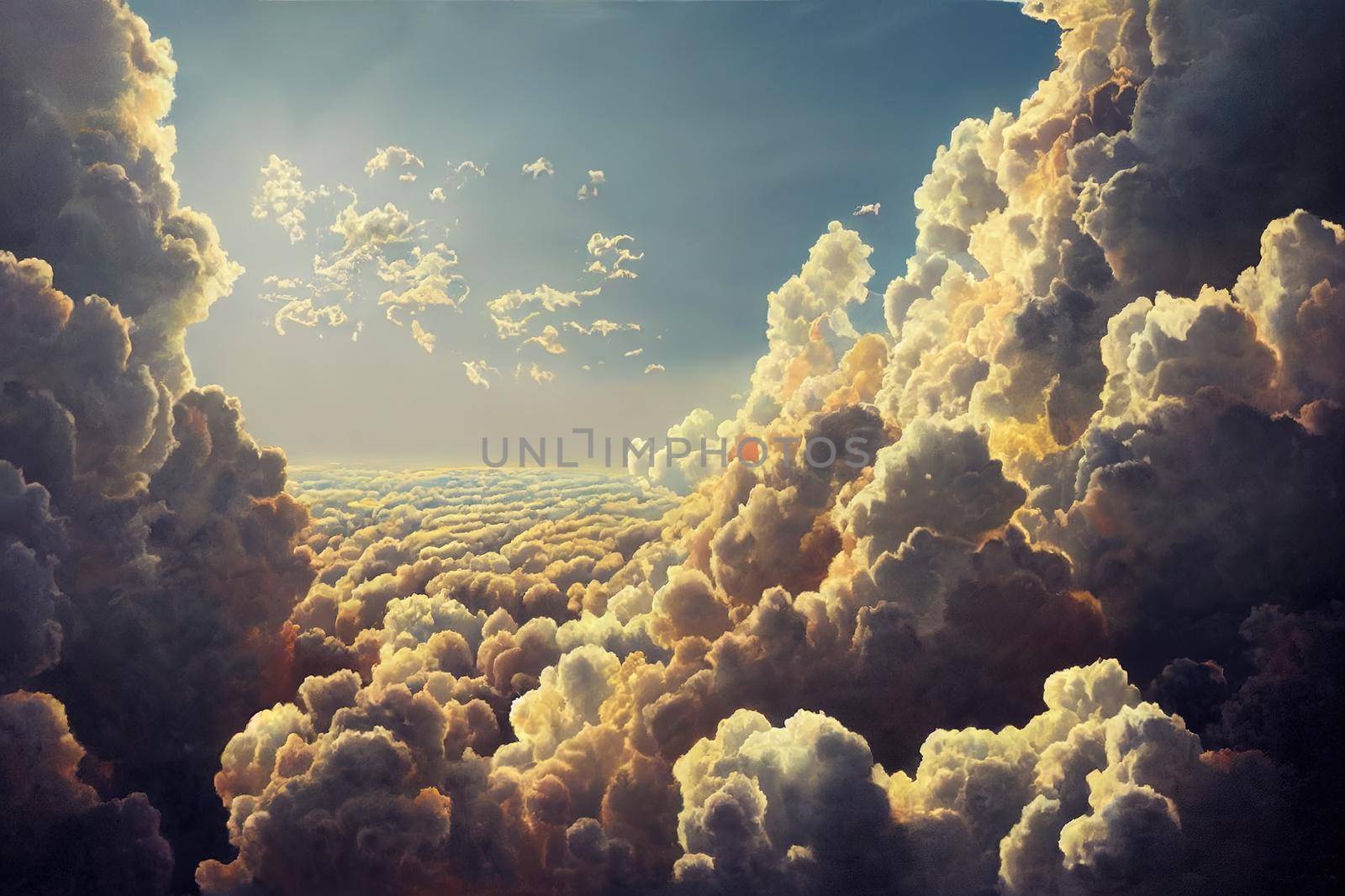 The sky is large, bright, beautiful and has white clouds.. High quality illustration