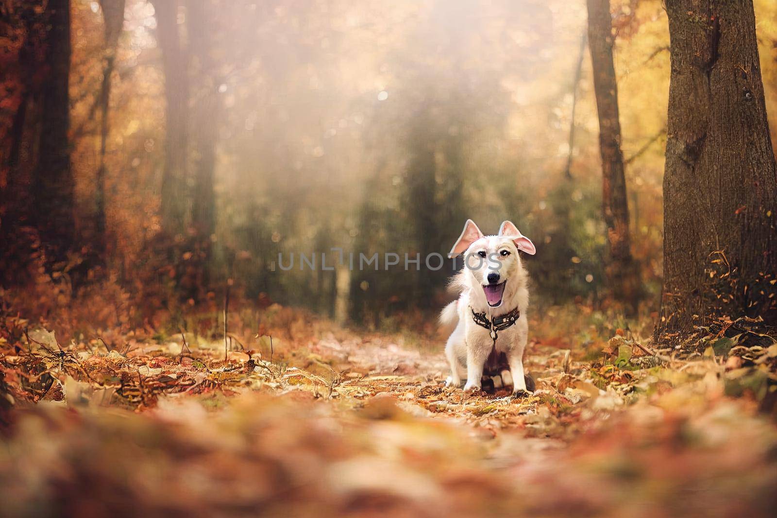 Cute dog sitting at owner legs in autumn woods. Traveling with pet, loyal companion. Adorable white swiss shepherd dog hiking with young woman hipster in fall forest. Travel and Wanderlust. High quality illustration