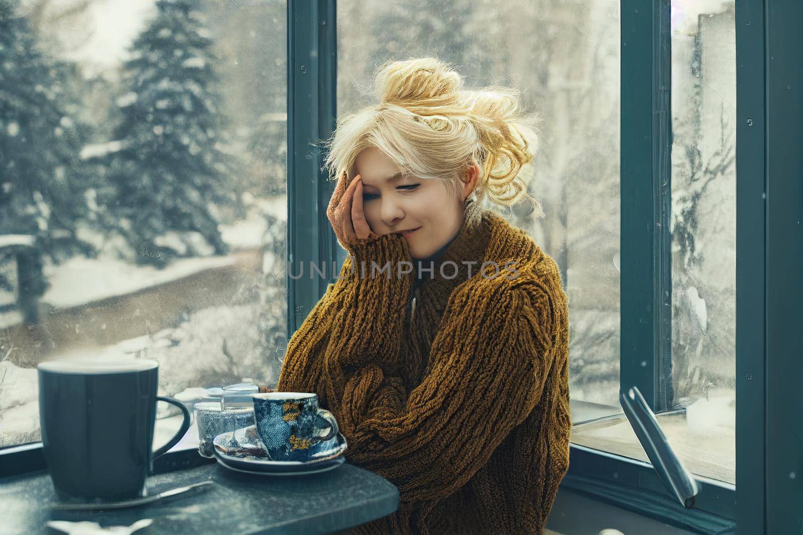 Happy blond woman with bunch hairstyle warming and cover knitted plaid enjoying in her coffee time by the window in cold winter day. Peace of mind and mental health.. High quality illustration