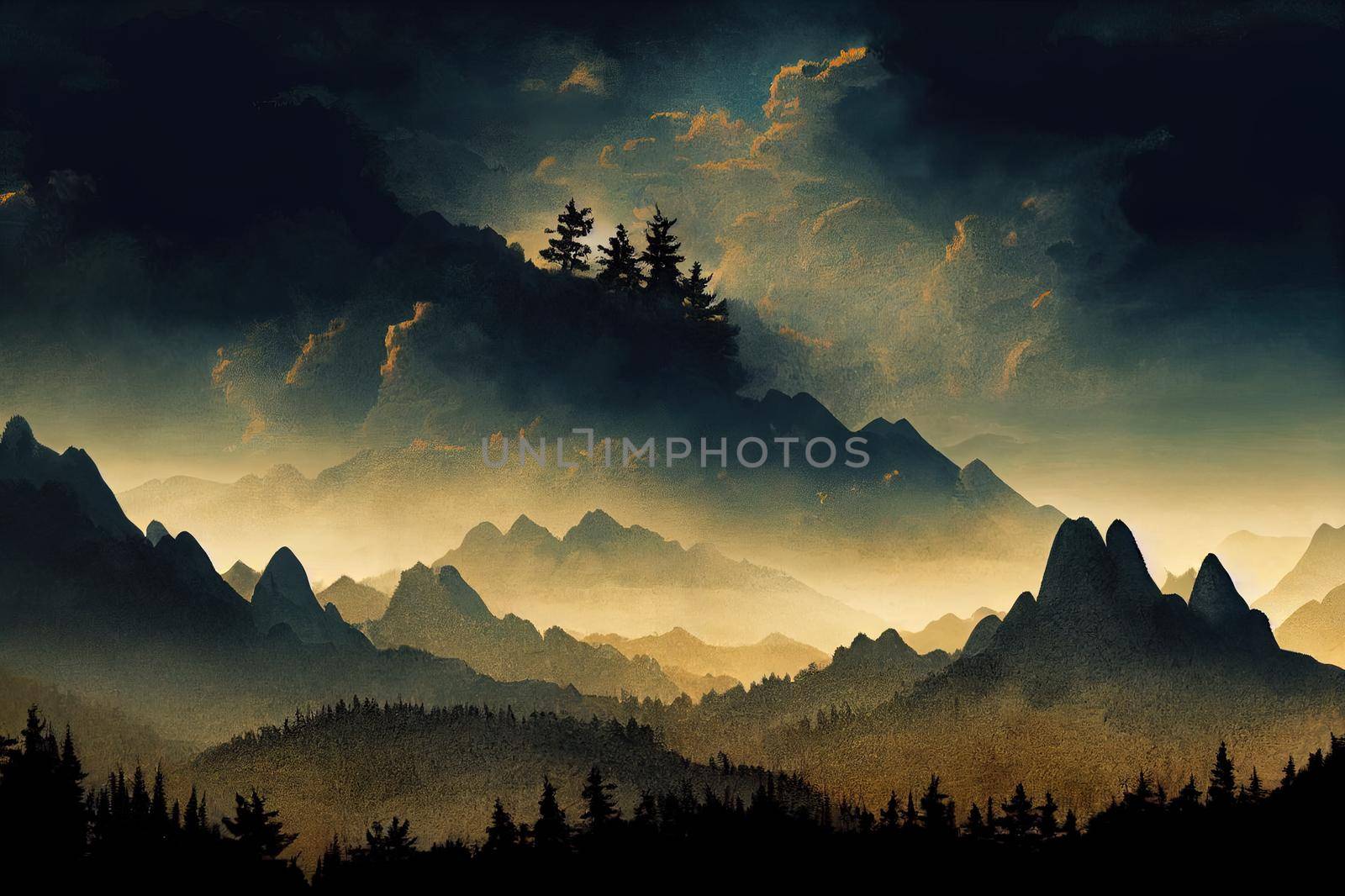 Dark landscape with mountains, sky and woods. Forest silhouette template . Panorama background. High quality illustration