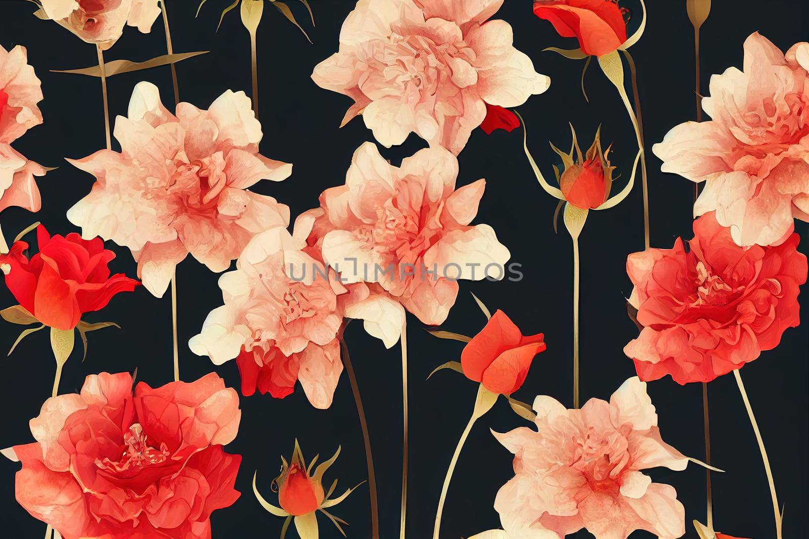 Blooming old garden, autumn evening park, beautifully lit by cozy lamps, romantic, red roses. Digital wall art, printable illustration, floral background or wallpaper. High quality illustration