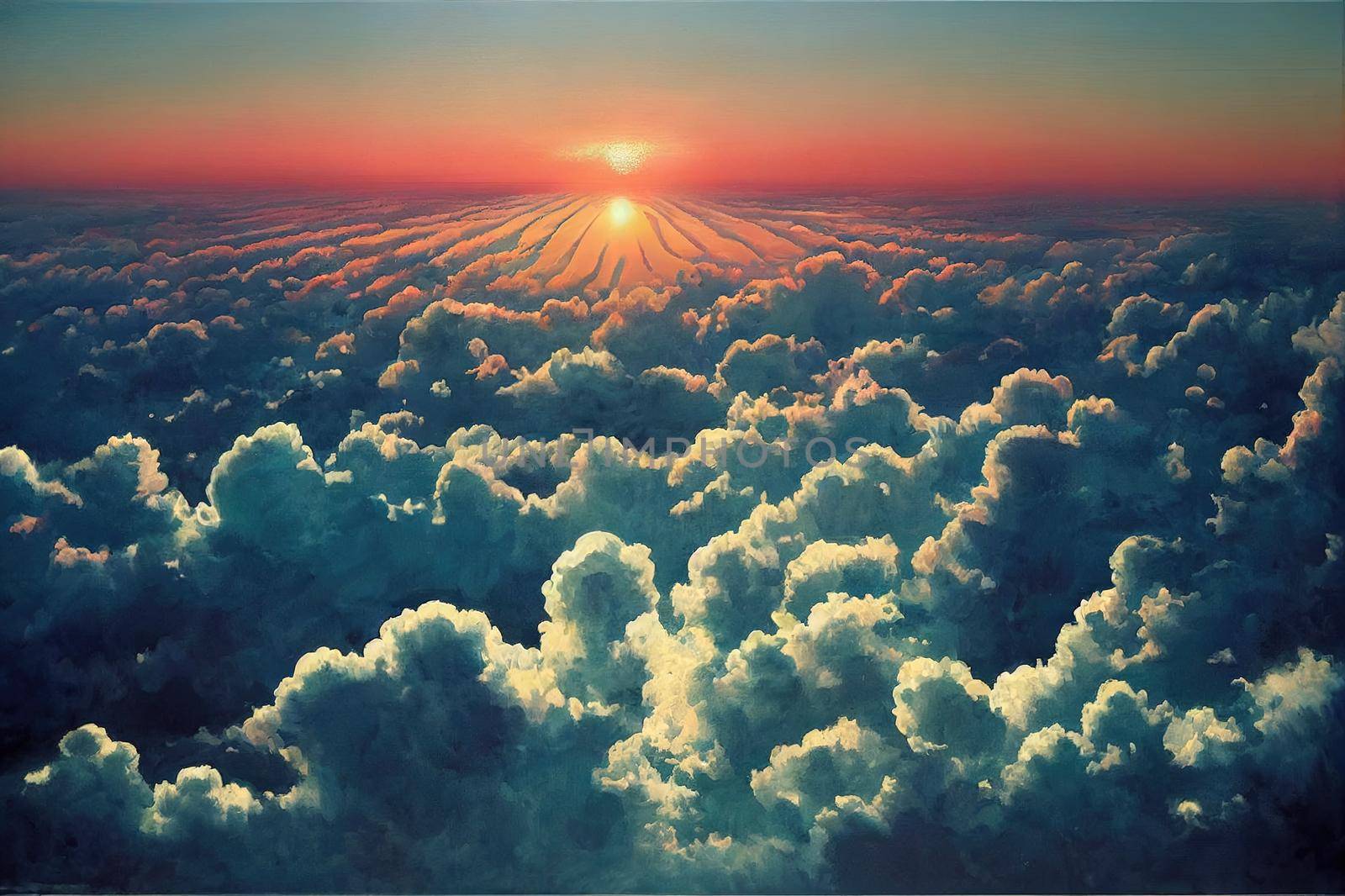 sunrise on blue sky. Blue sky with some clouds. View over the clouds.. High quality illustration
