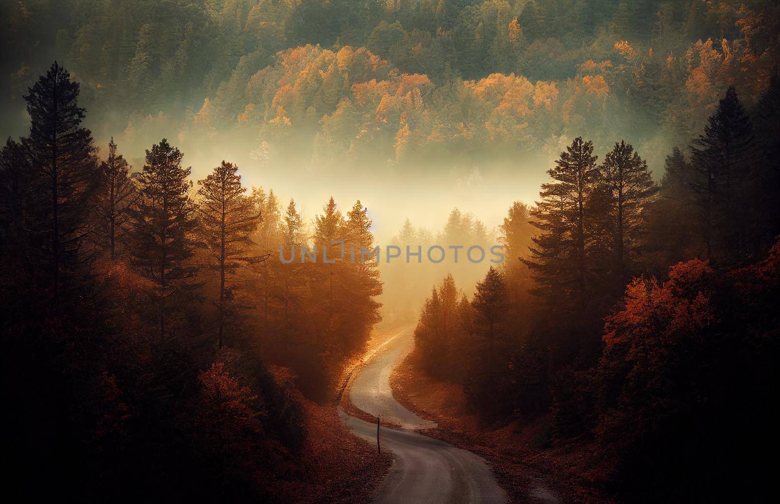 Forest Road Under Sunset Sunbeams. Lane Running Through The Autumn Deciduous Forest At Dawn Or Sunrise. Toned Instant Photo. High quality illustration
