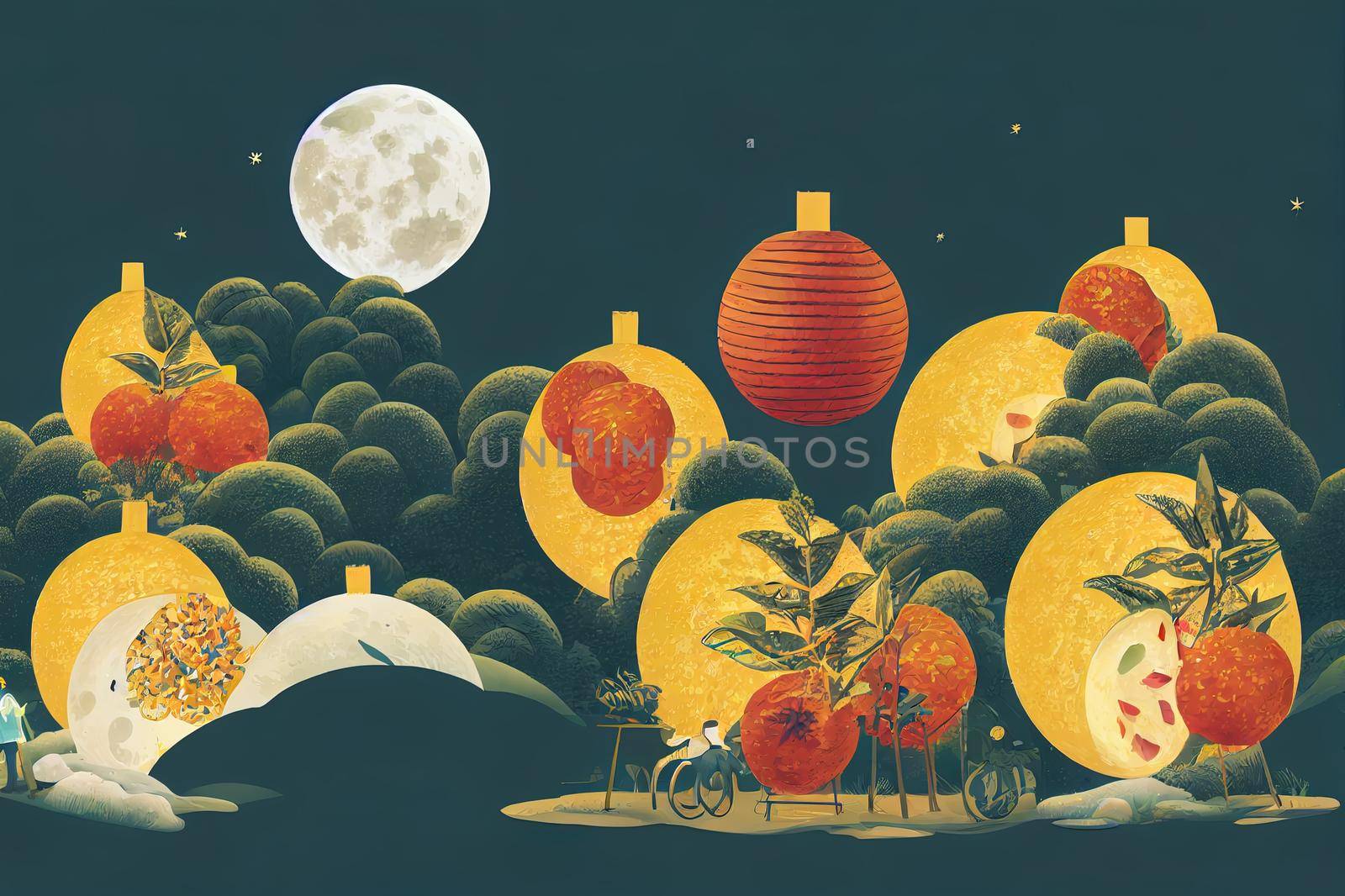Illustration of Mid autumn festival with family chilling in nature with giant pomelos and full moon view in giant mooncake. Translation Mid autumn. Family reunion is as completed as the moon is full. High quality illustration