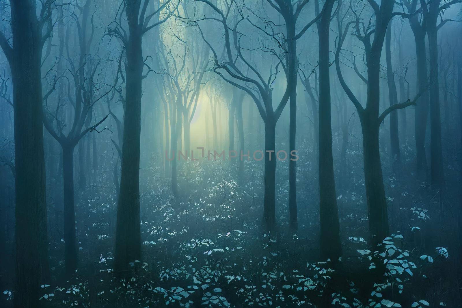 Panorama of foggy forest. Fairy tale spooky looking woods in a misty day. Cold foggy morning in horror forest. High quality illustration