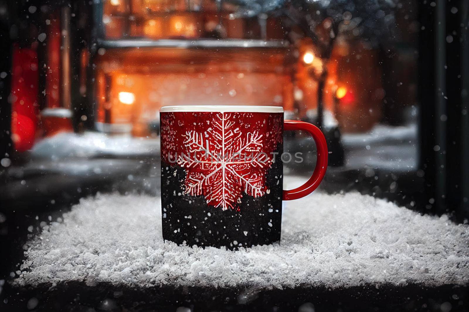 Winter cozy atmosphere with a red cup of hot coffee, put in a layer of snow, while snowflakes fall over it, on bright December morning.. High quality illustration