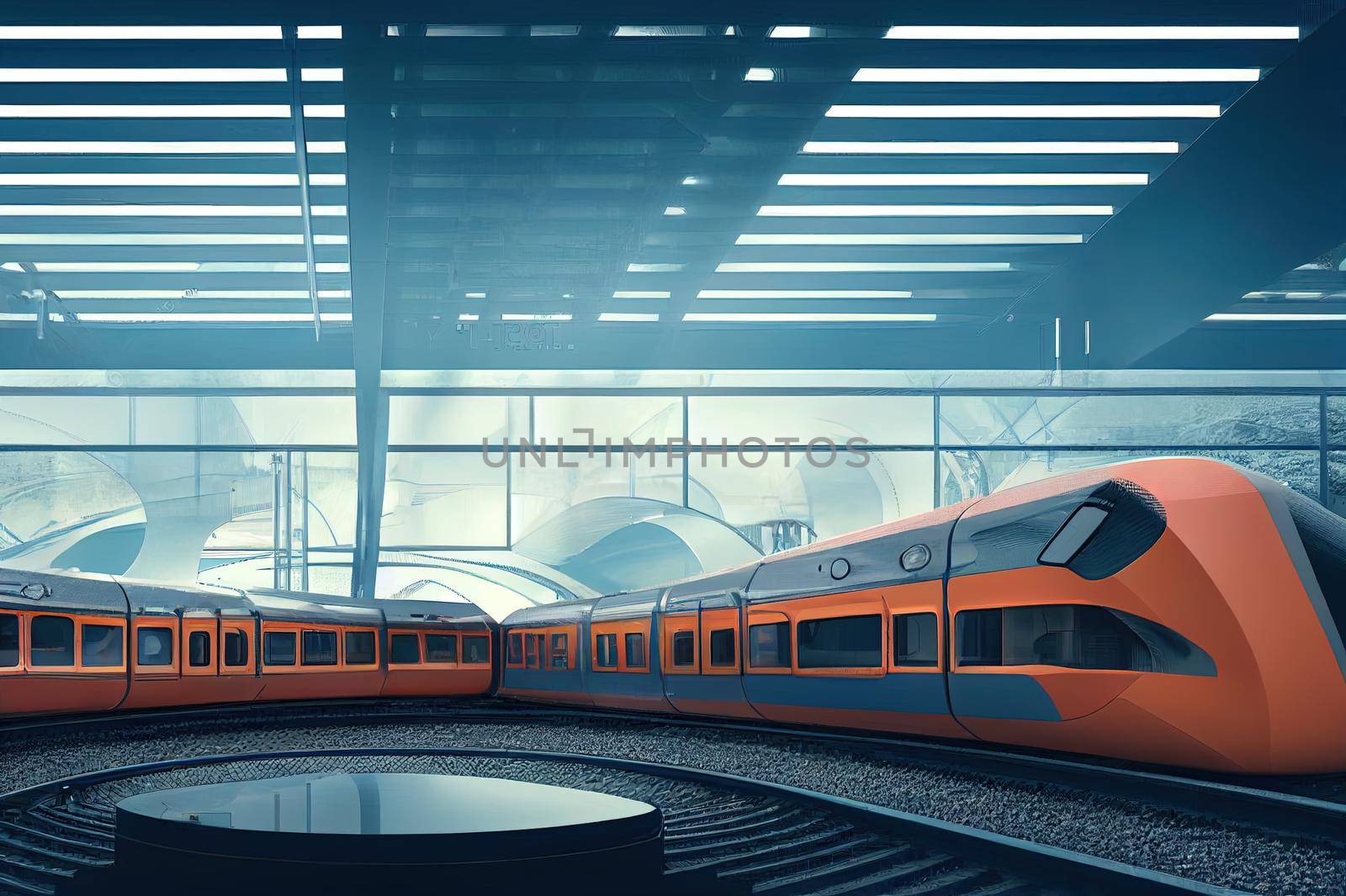 futuristic train station with monorail and train. traffic of people, crowd. Concrete architecture. Future concept. 3d rendering.. High quality illustration