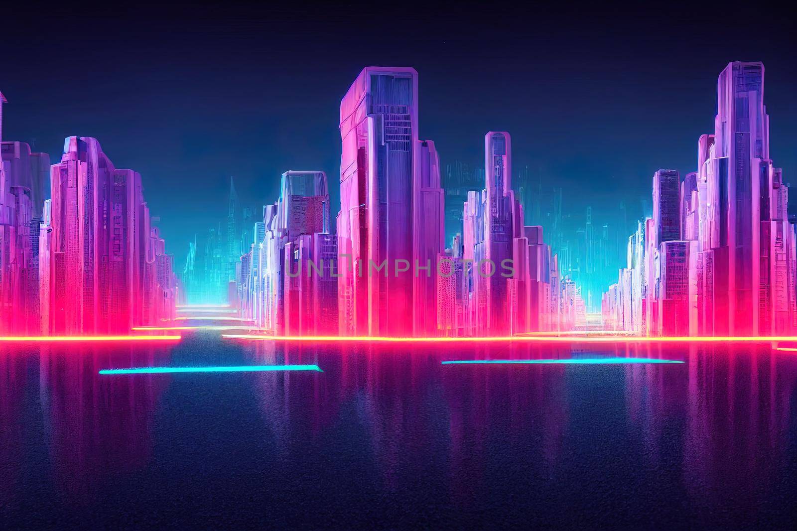 3D Rendering of neon mega city with light reflection by 2ragon