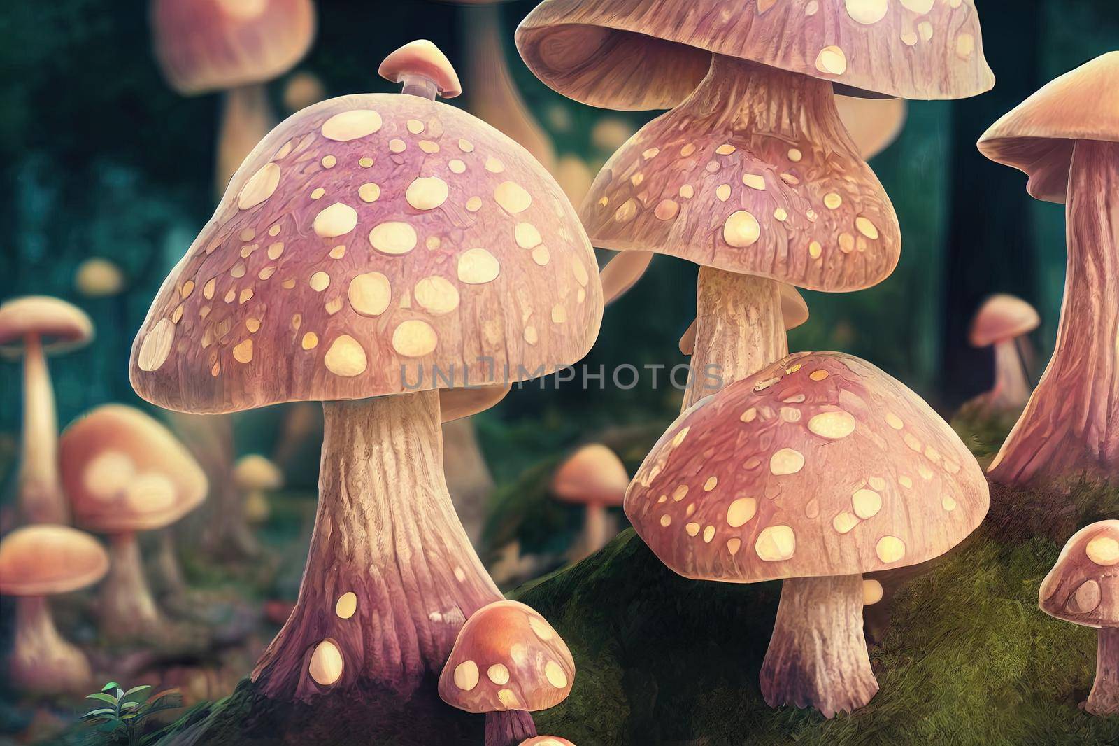 Amazing cute mushroom house in fairytale fantasy autumn forest. 3D illustration AI generated art. High quality illustration