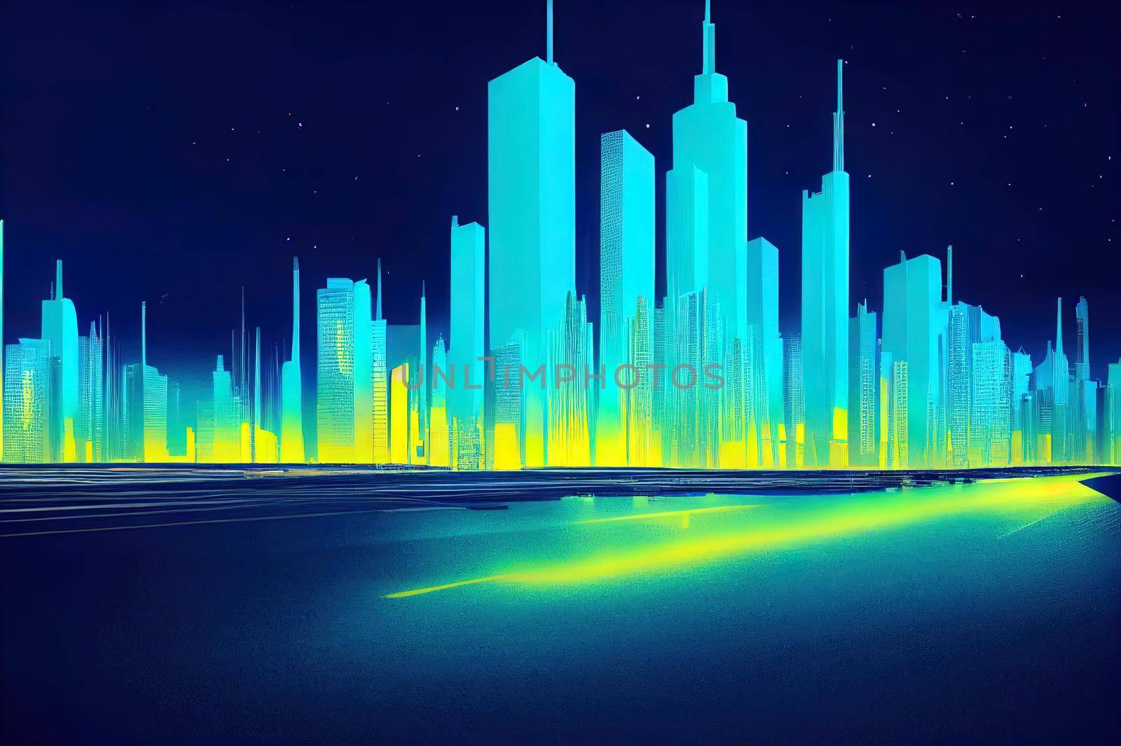 Cityscape on dark blue background with bright glowing neon. Technology city background. High quality illustration