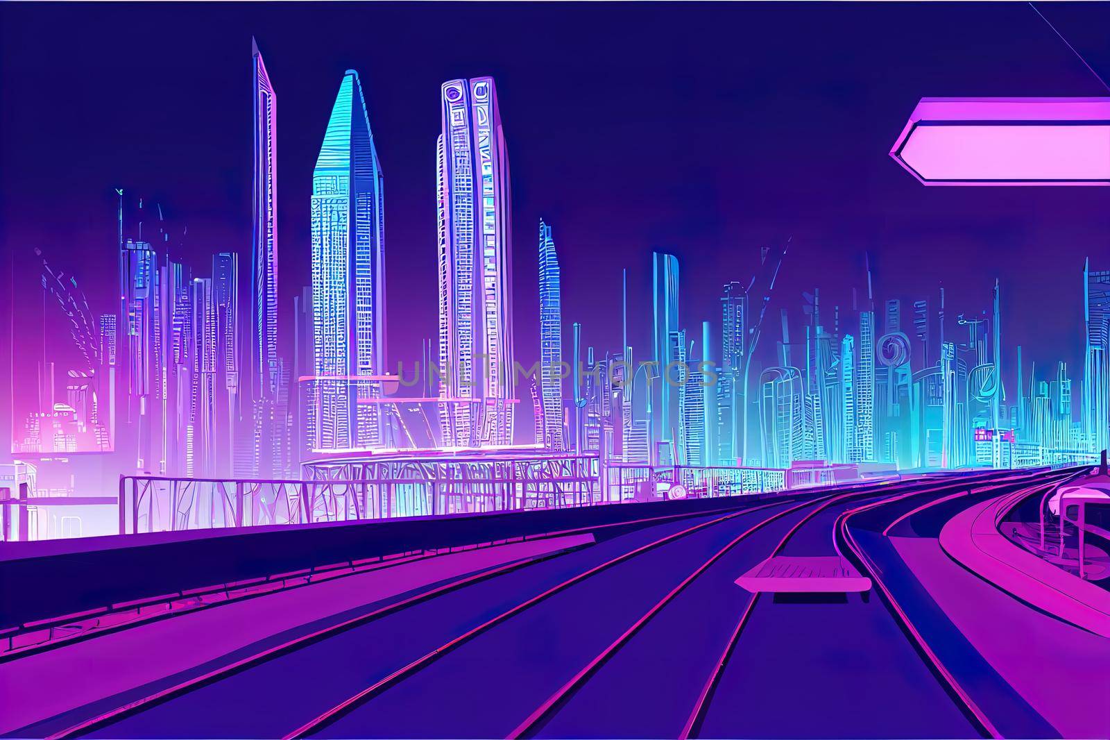 Future metropolis streets night skyline cartoon with illuminated blue and violet neon lights futuristic skyscrapers, bridge, subway railroad over city bay illustration. Sci fi urban background. High quality illustration