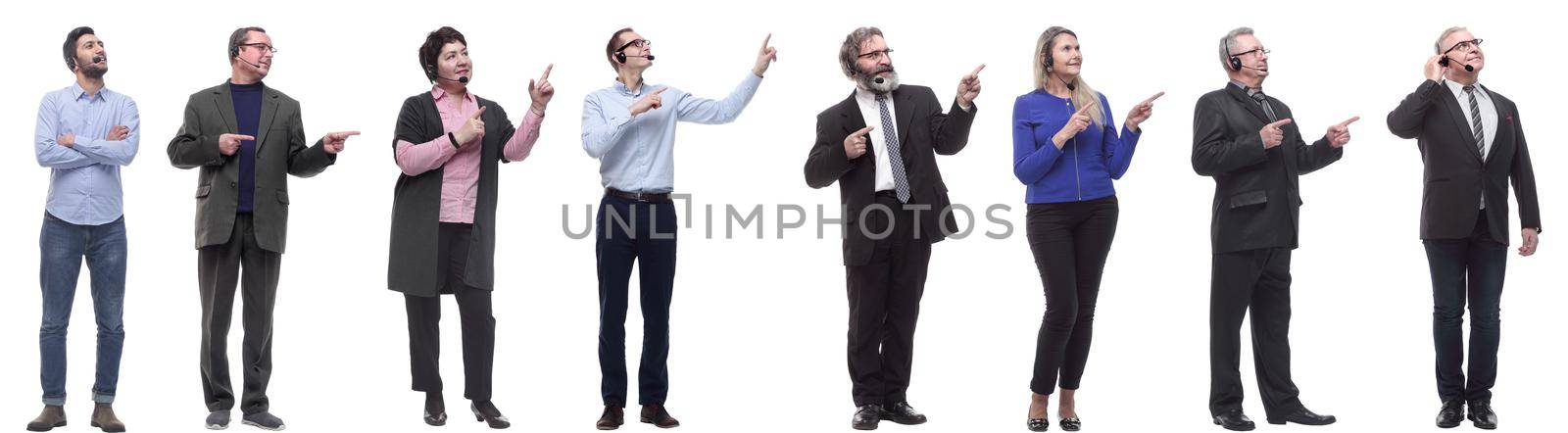 group of business people with microphone isolated on white background