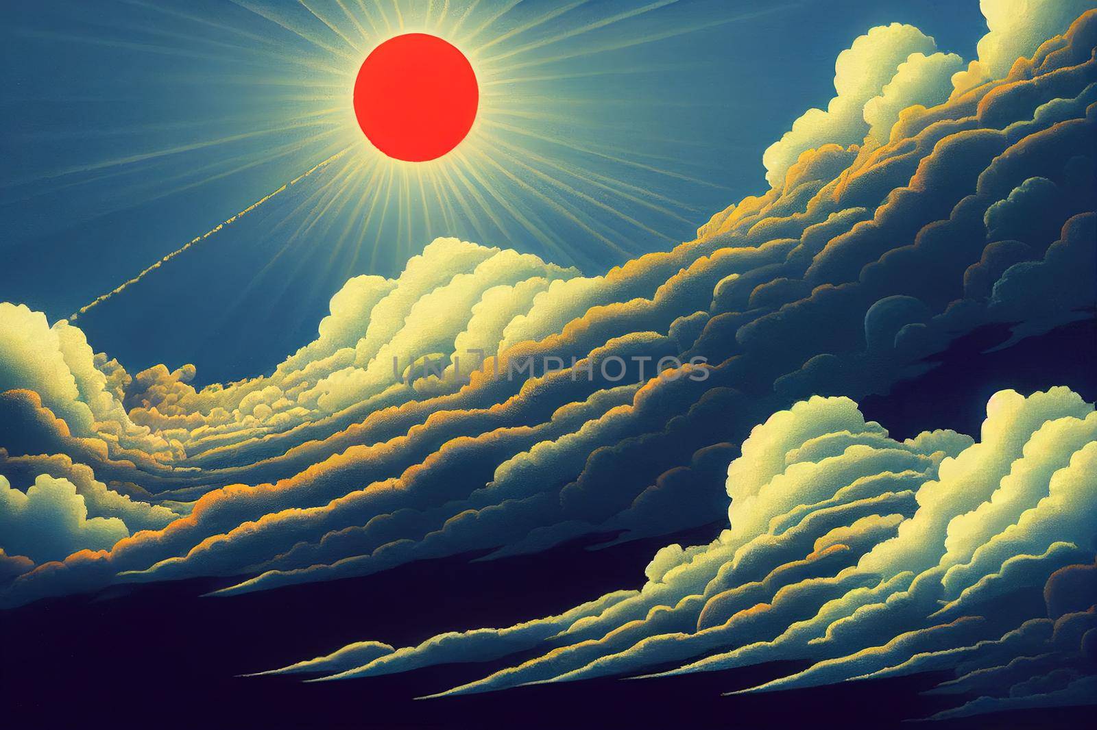 Blue sky with clouds and sun.. High quality illustration