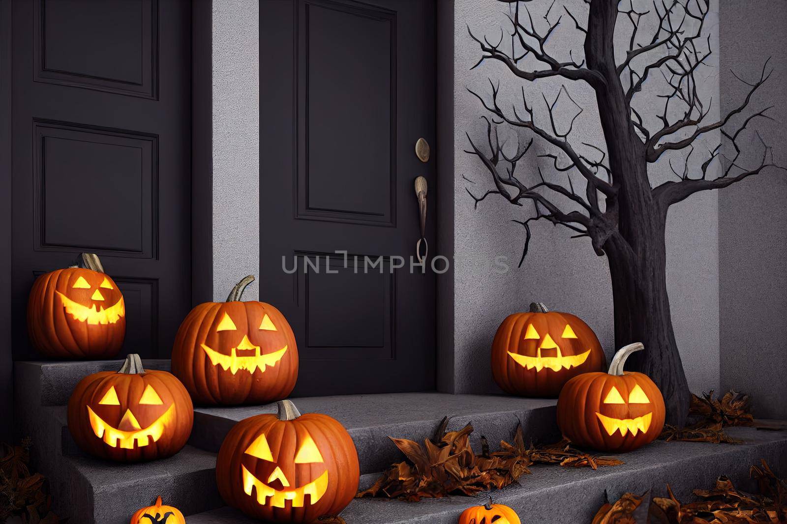 Carved pumpkins, bats and spiders on stairs and bench near modern house with black front door, tree in pot and white walls. Concept of halloween. 3d rendering. High quality illustration