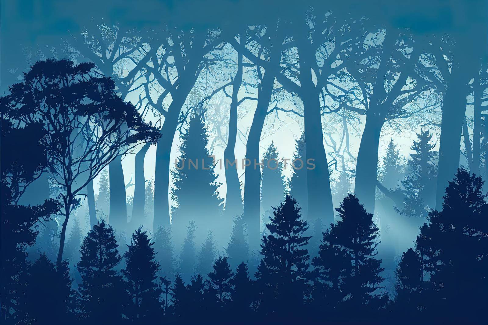 Foggy forest. Dark tree silhouette. Tree trunks in blue mist. Fog in night forest illustration.. High quality illustration