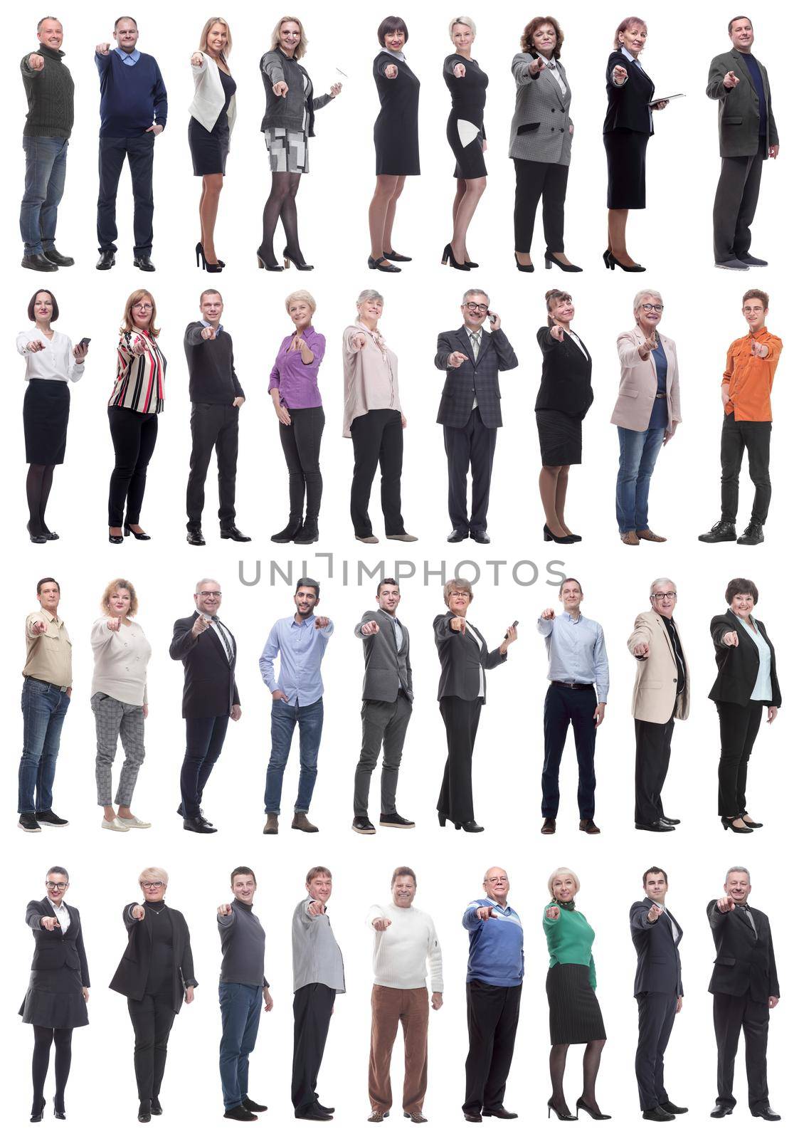 group of business people showing finger at camera isolated on white background