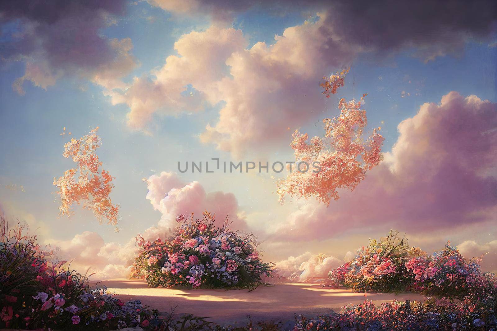Natural beauty podium backdrop for product display with dreamy sky background. Romantic 3d scene.. High quality illustration