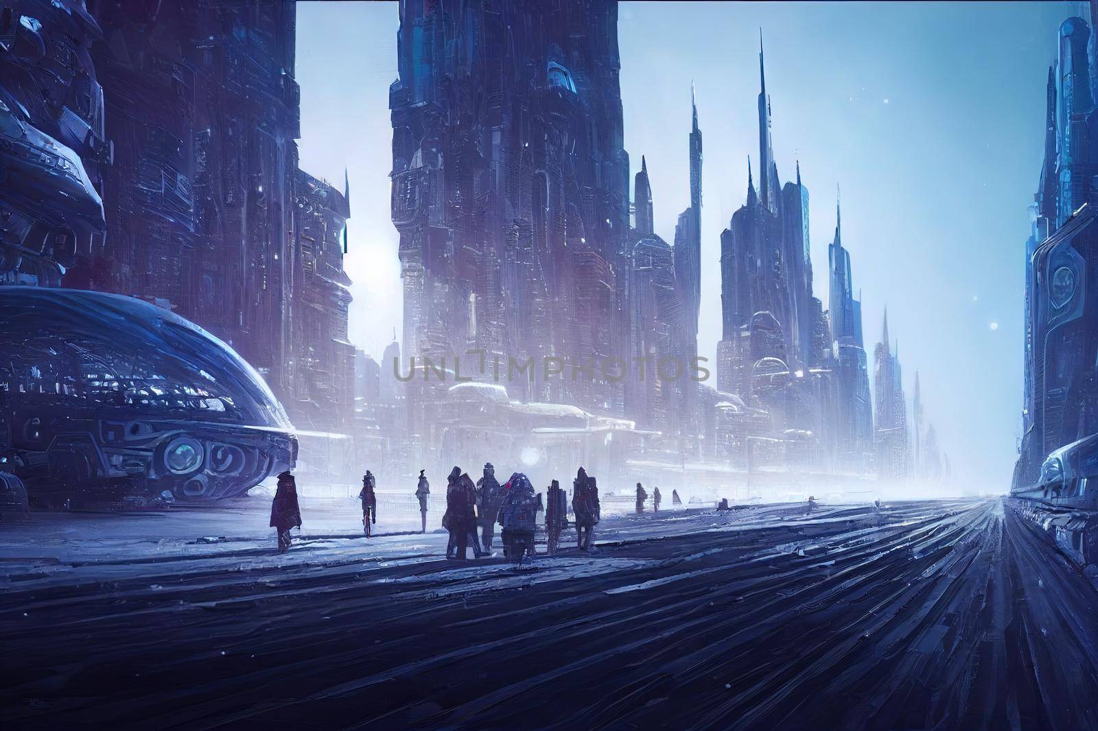 3D Rendering Scifi fantasy concept cityscape and Transport in the future the Winter City. High quality illustration