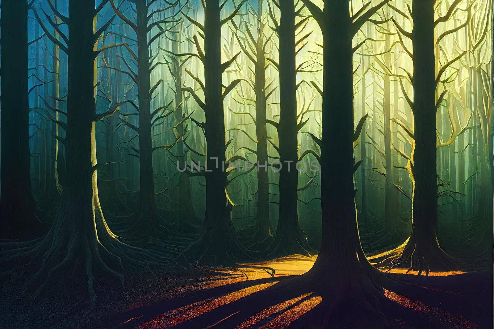 Dark mystical forest, the rays of the sun pass through the trees, shadows. Big old tree in the center, magical glow. Beautiful forest fantasy landscape. Unreal world. 3D illustration.. High quality illustration