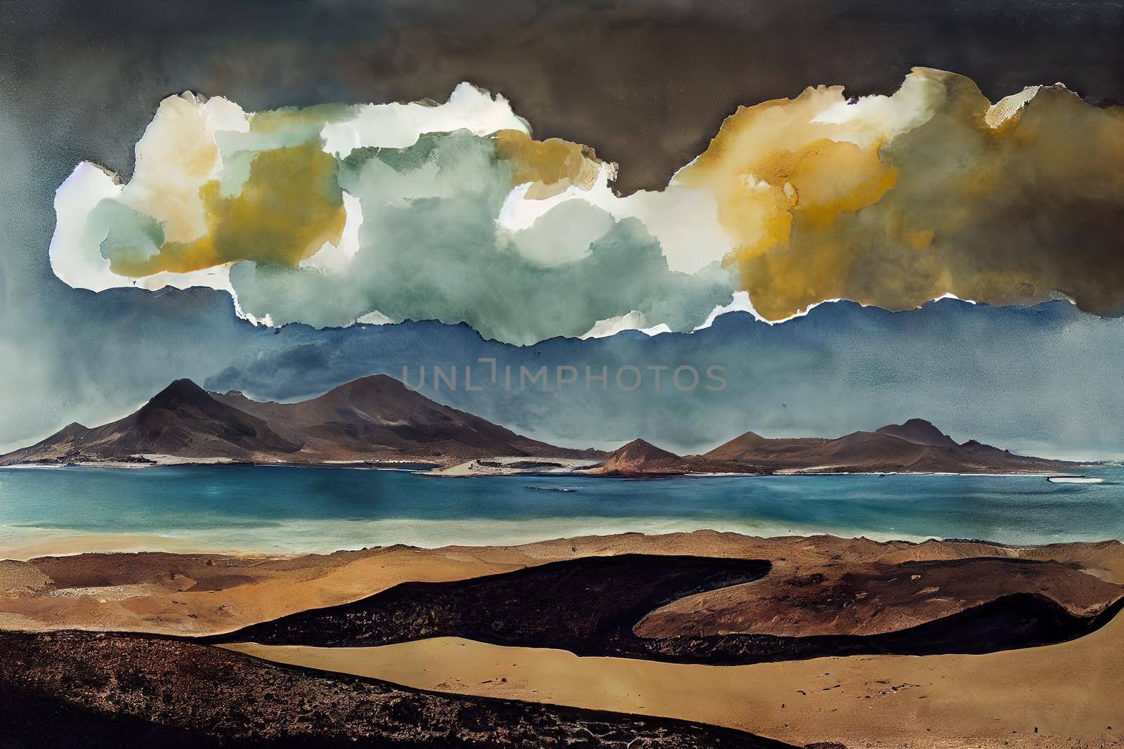 Fuerteventura, view towards Isla de Lobos and Lanzarote, natural background of predominantly sky. High quality illustration