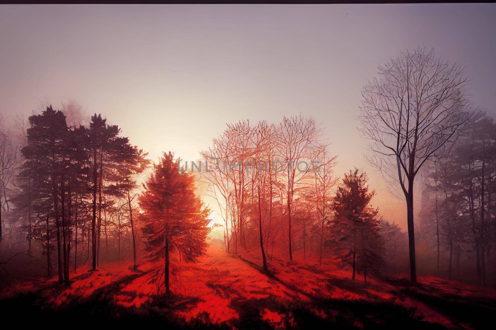 sunrise scene in the misty woods. High quality illustration