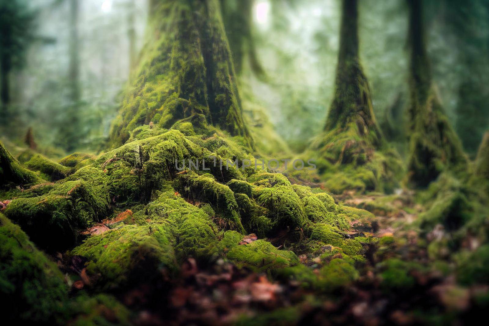 Canadian Rain Forest. Beautiful View of Fresh Green Trees in the Woods with Moss. Taken in Golden Ears Provincial Park, near Vancouver, British Columbia, Canada. Panorama Nature Background. High quality illustration