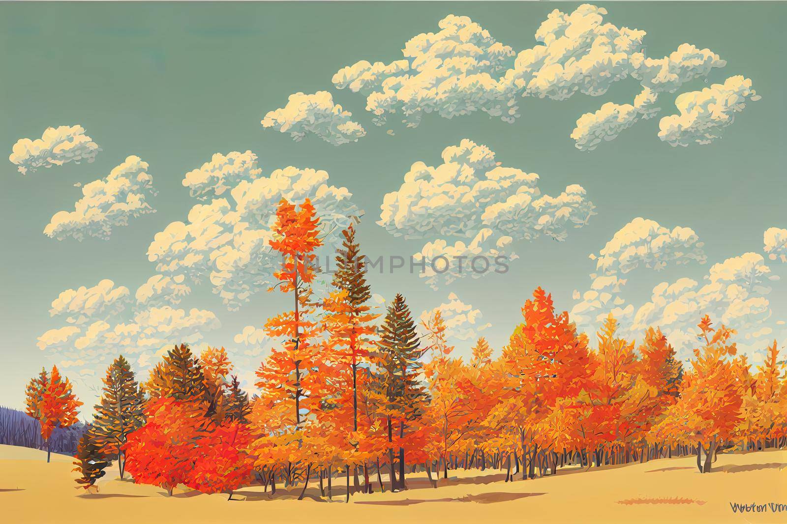 Fun flat cartoon autumn landscape. Fall season with colorful pines and trees. Blue sky with clouds. Red, orange, yellow autumn forest.. High quality illustration