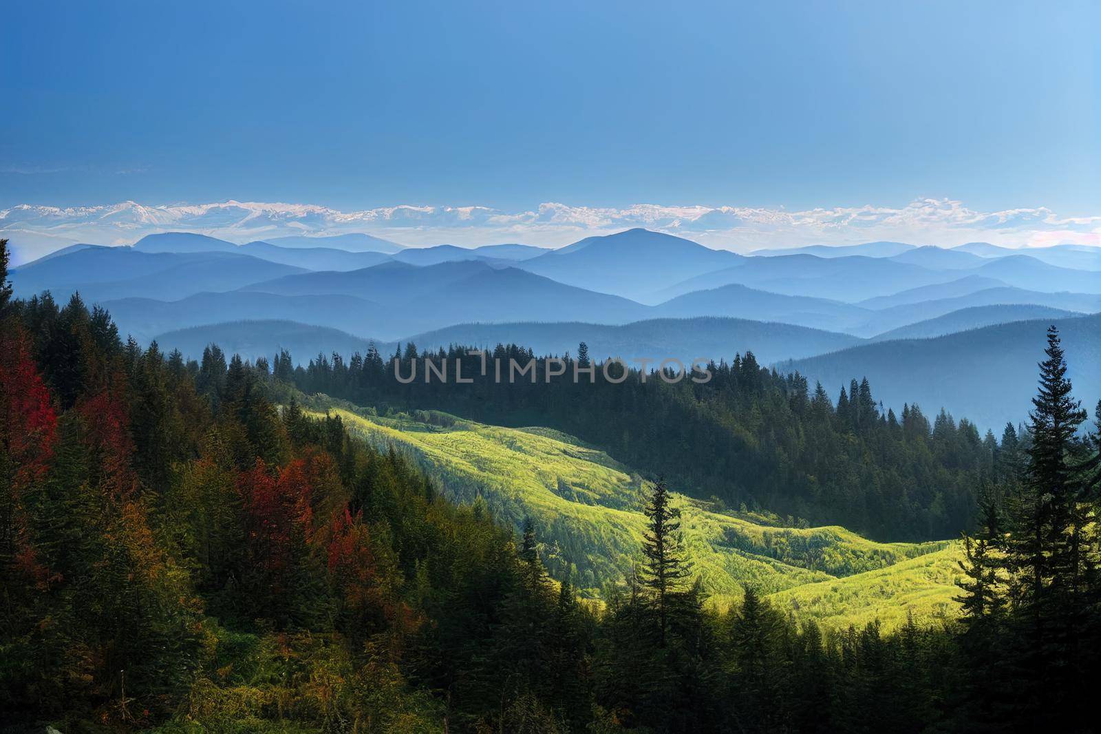 Magnificent panoramic view the coniferous forest on the mighty Carpathians Mountains and beautiful blue sky background. Beauty of wild virgin Ukrainian nature. Peacefulness.. High quality illustration