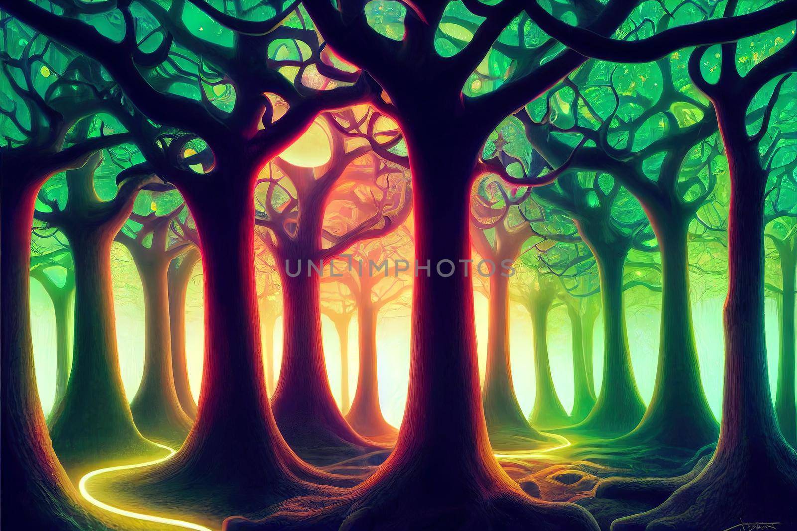 an enchanted forest at night illuminated by glowing mushrooms, fantasy, surrealism! 3d illustration. High quality illustration