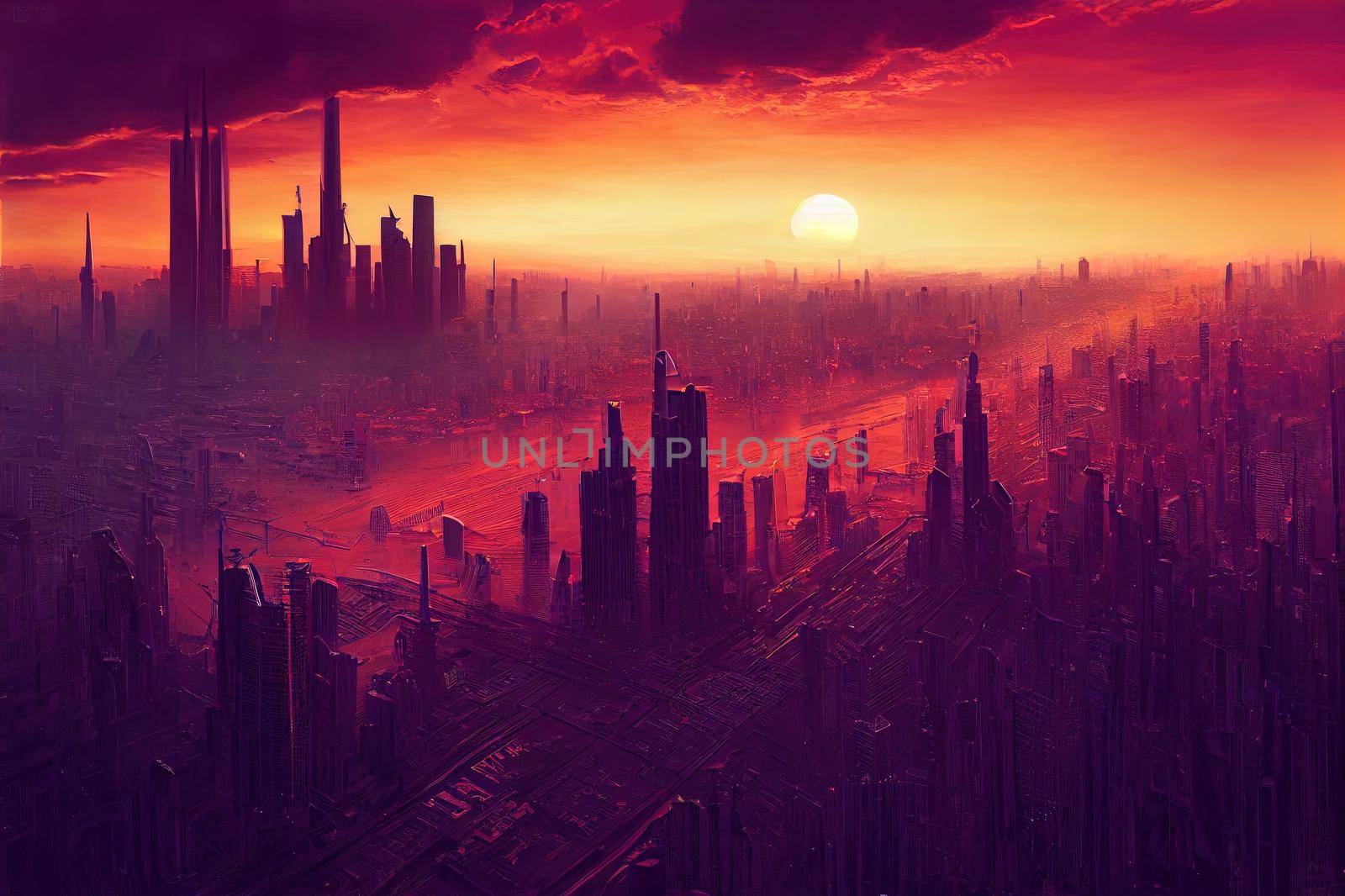 Beautiful cityscape with futuristic city at sunset.. High quality illustration