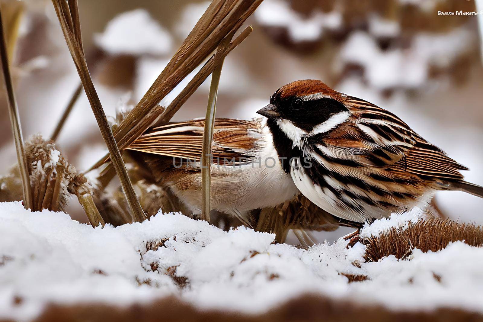 Common reed bunting Emberiza schoeniclus feeding on a snowy reed.. High quality illustration