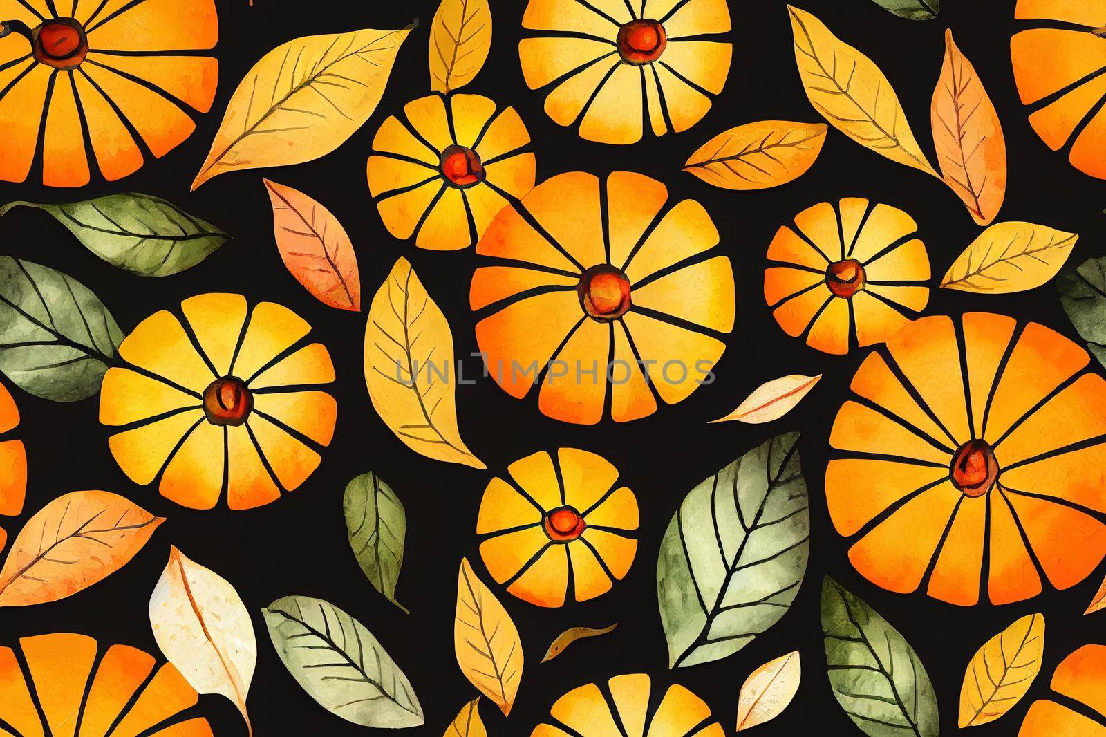 Watercolor pumpkins seamless pattern. Hand painted pumpkins with orange leaves isolated on white background. Autumn festival. Botanical fall illustration for textile, design, print or background. High quality illustration