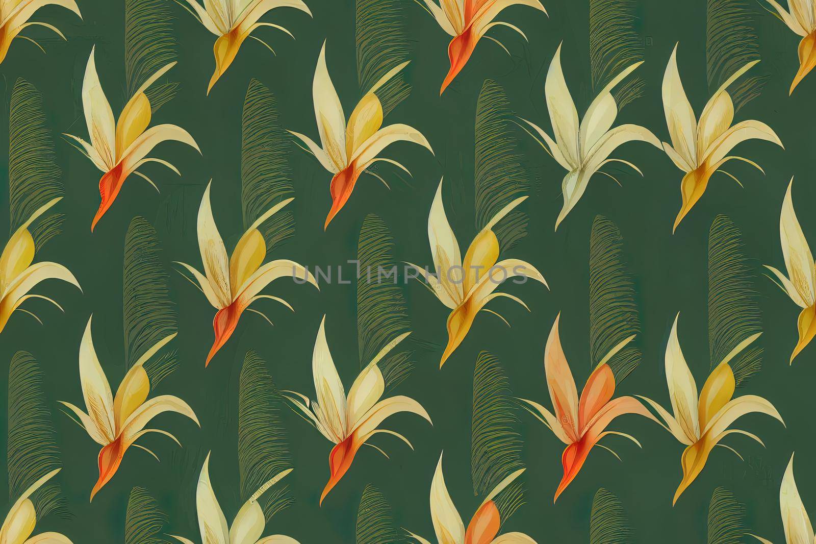 Beach cheerful seamless pattern wallpaper of tropical dark green leaves of palm trees and flowers bird of paradise strelitzia plumeria on a light yellow background. High quality illustration