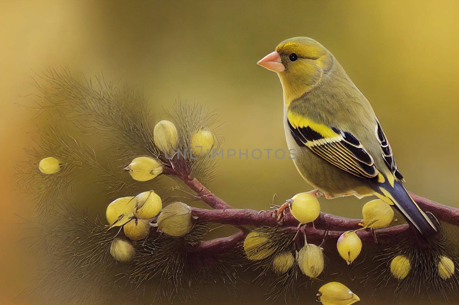 European greenfinch Chloris chloris. Small bird with fresh yellow color body. Song bird sitting on woody root. Diffused brown background. Garden bird in winter time on feeder. European wildlife.. High quality illustration