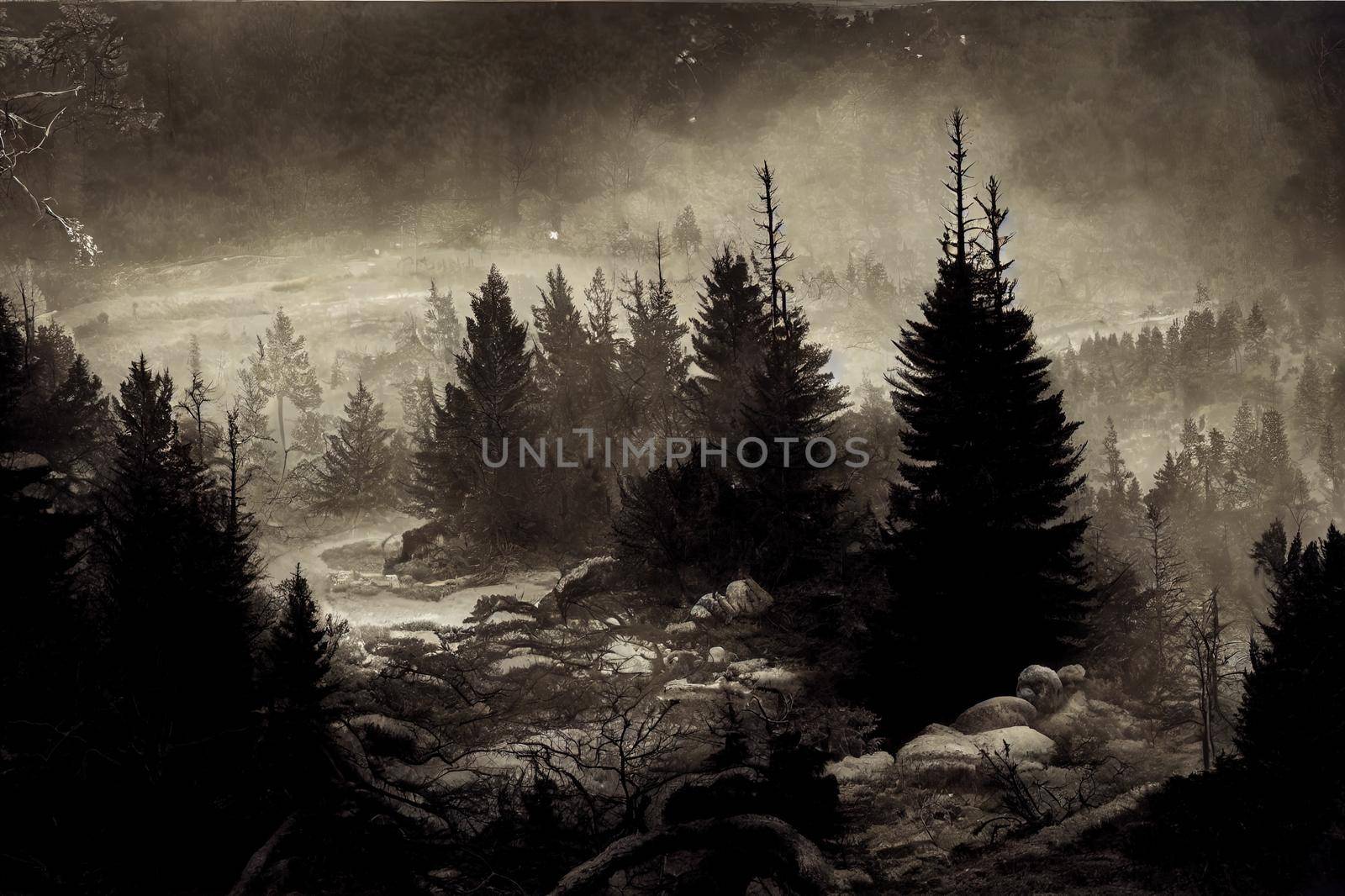 Dark foggy pine scary forest. High quality illustration