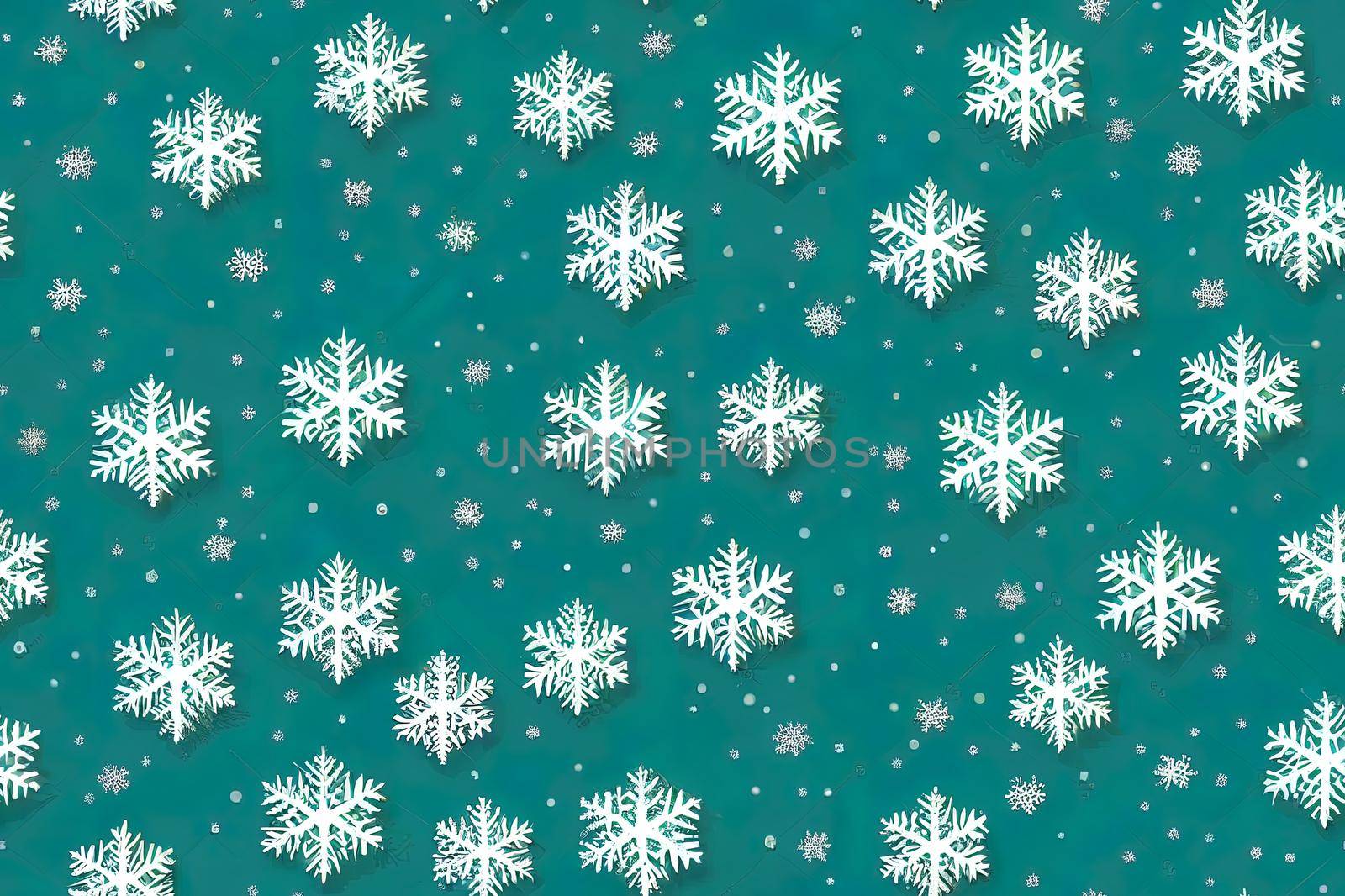 Christmas background with snowflakes. Festive seamless pattern of white snowflakes on a light green background. High quality illustration