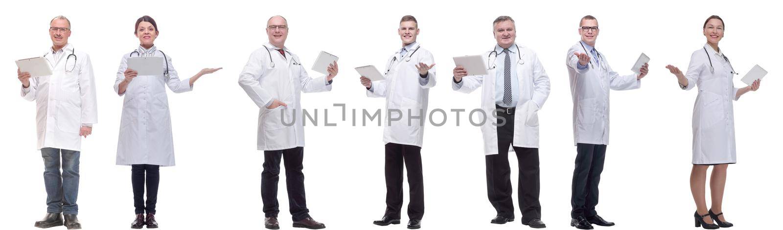 group of doctors with clipboard isolated on white by asdf