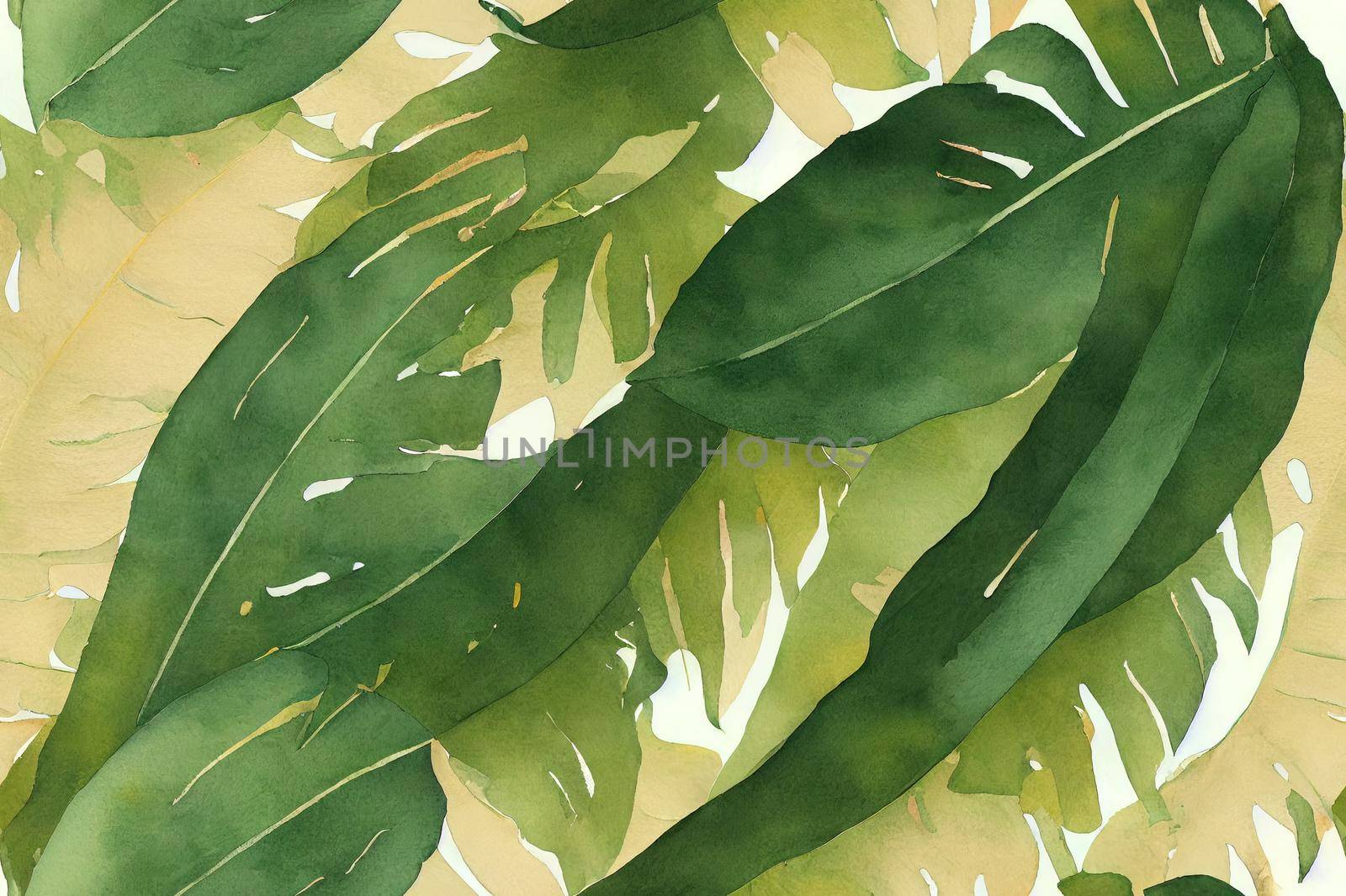 Banana leaf seamless pattern. Unusual tropical leaves on white background. Hand painted watercolor illustration. High quality illustration