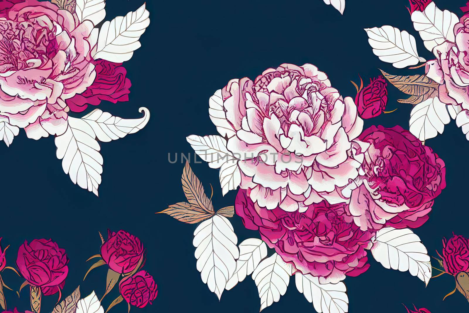 Ornate seamless pattern with vintage peonies, roses and birds. . High quality illustration