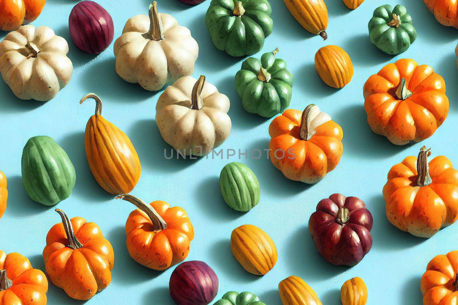 Watercolor autumn vegetables and vintage trucks seamless pattern. Bright colorful pumpkins, sunflowers and green cars. Hand drawn fall harvest ornament, white background. High quality illustration