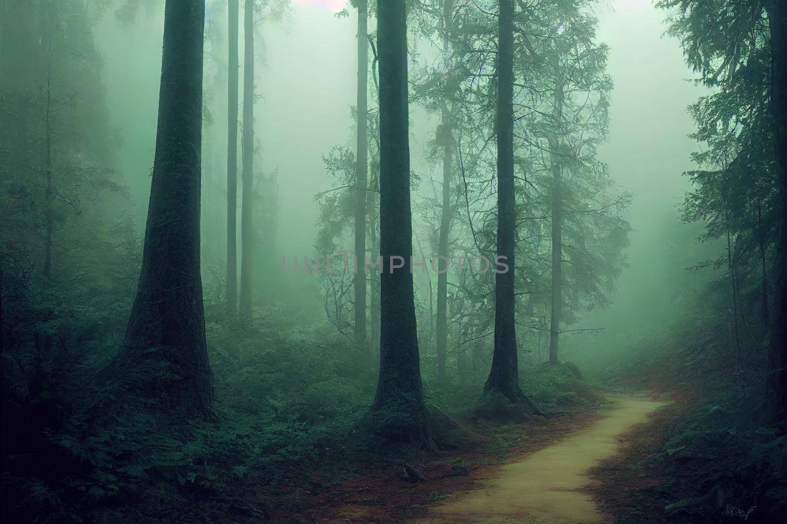 The trail in the misty forest. Misty forest trail. Trail in misty forest. Forest mist trail. Misty forest landscape. High quality illustration