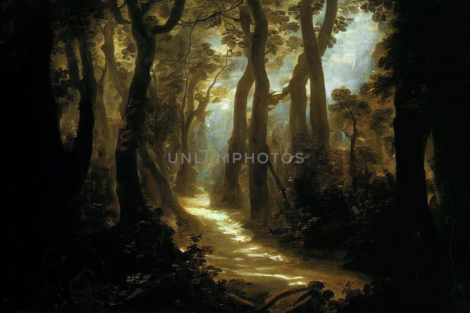 A dark and moody forest path with the sunlight peaking through the canopy on the the forest floor. High quality illustration