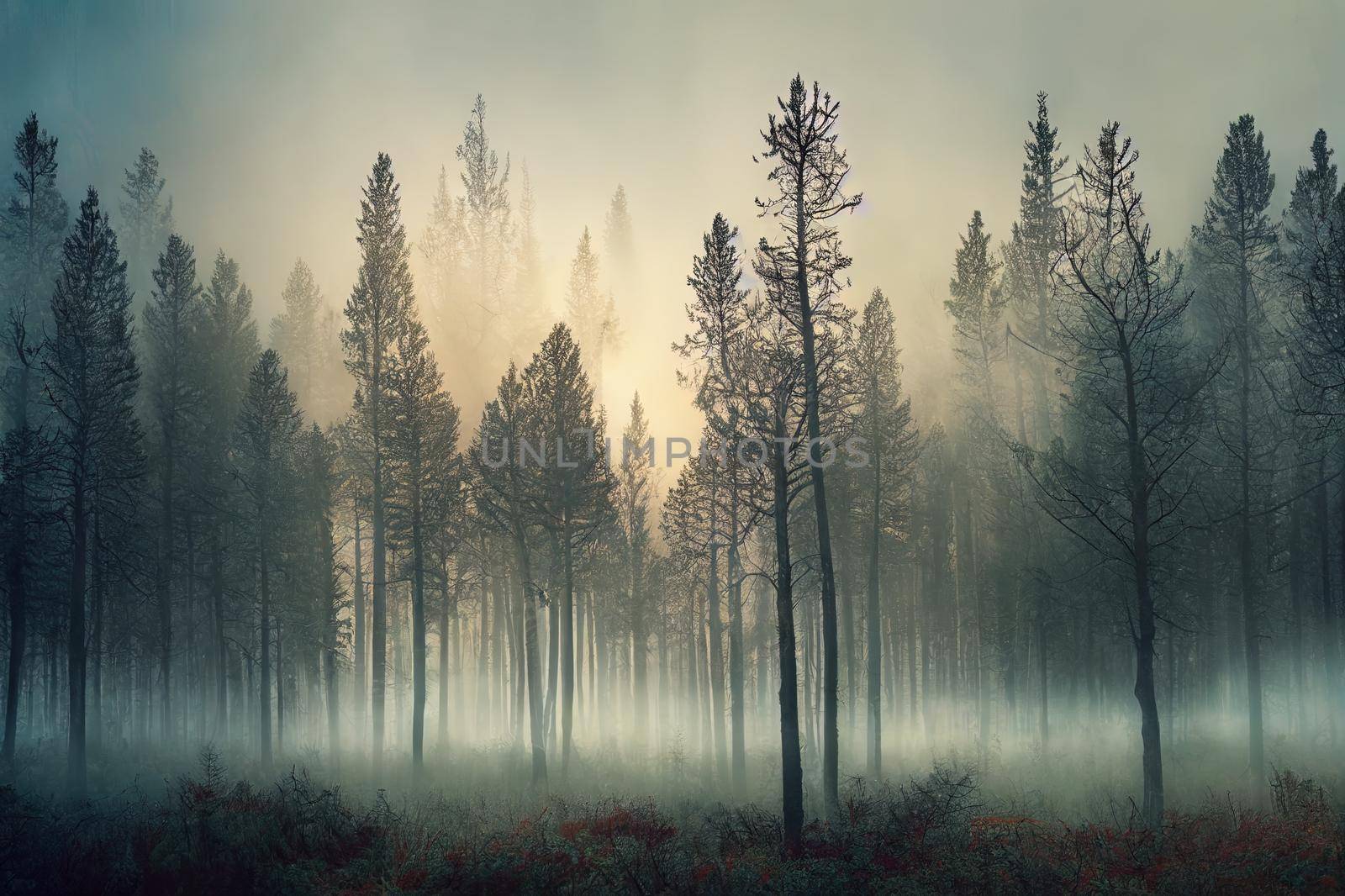 Beautiful pine forest at foggy sunrise. Tree trunks and cold mist. High quality illustration