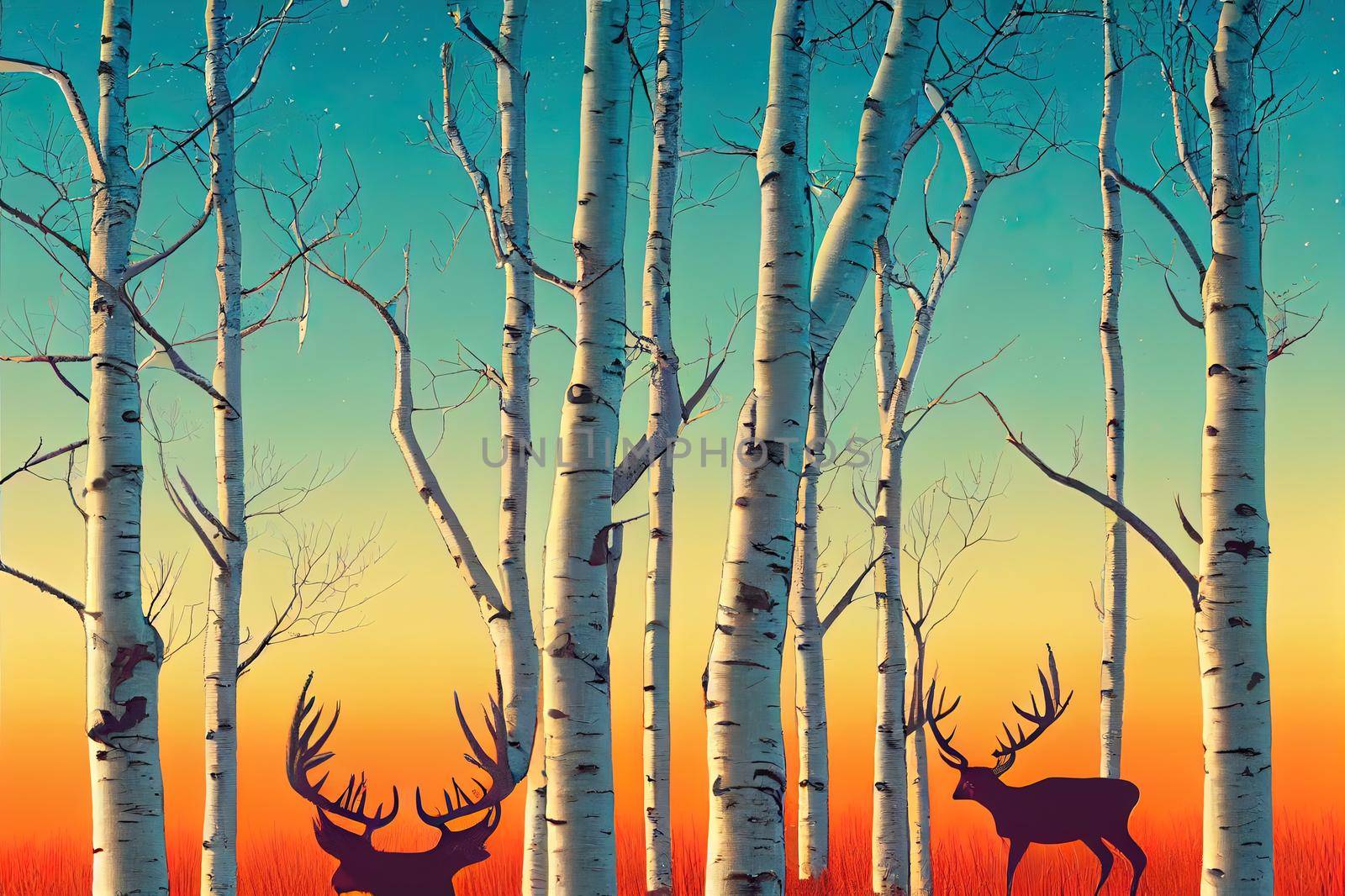 Birch Tree with deer and birds Silhouette Background by 2ragon
