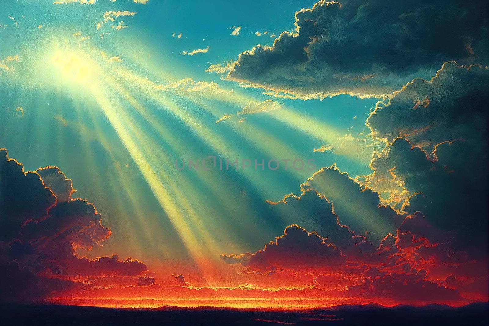 Sun rays in the cloudy sky. Nature background.. High quality illustration